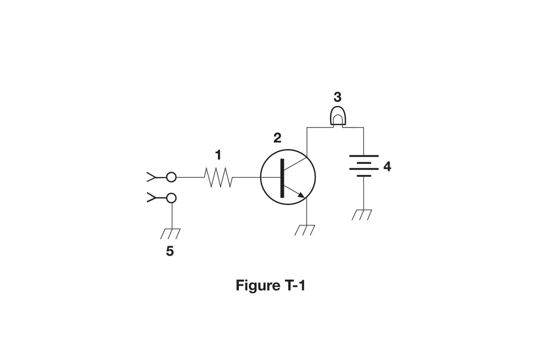 Figure T-1: schematic diagram of a small circuit with five numbered components connected to ground.